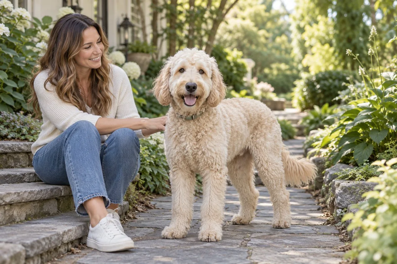 Owner sitting outdoors beside a light-colored curly-coated dog