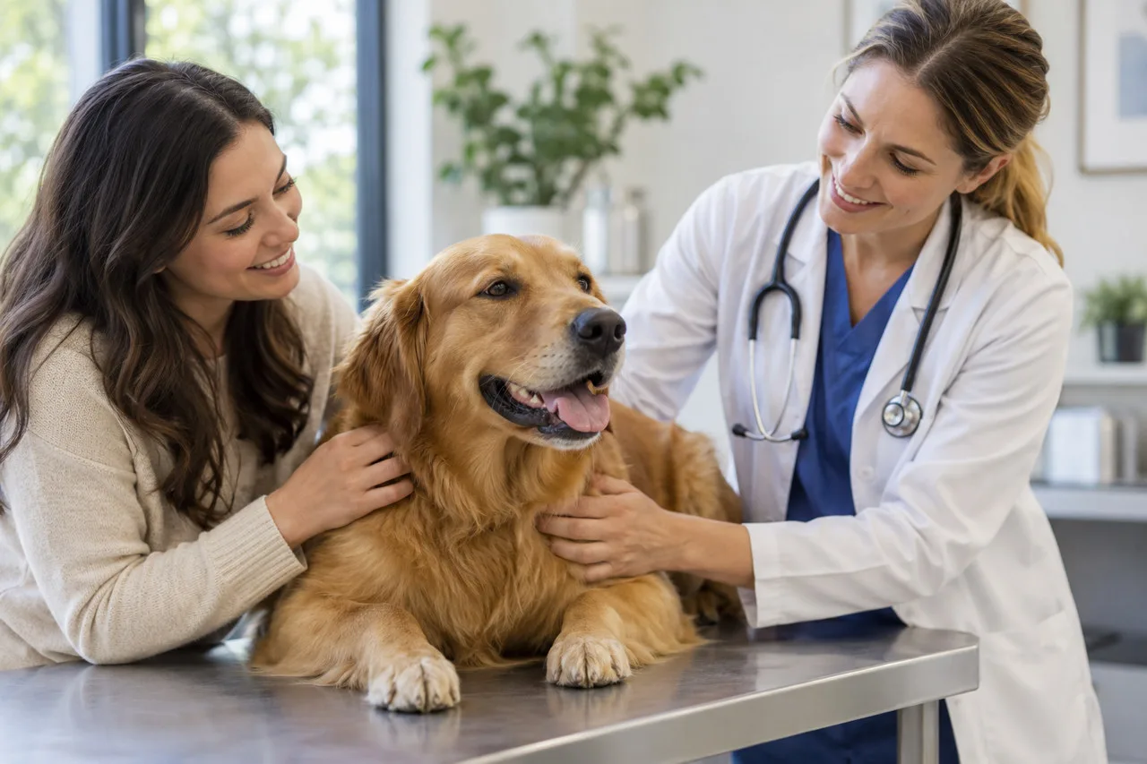 Veterinarian and owner with a dog in an examination room